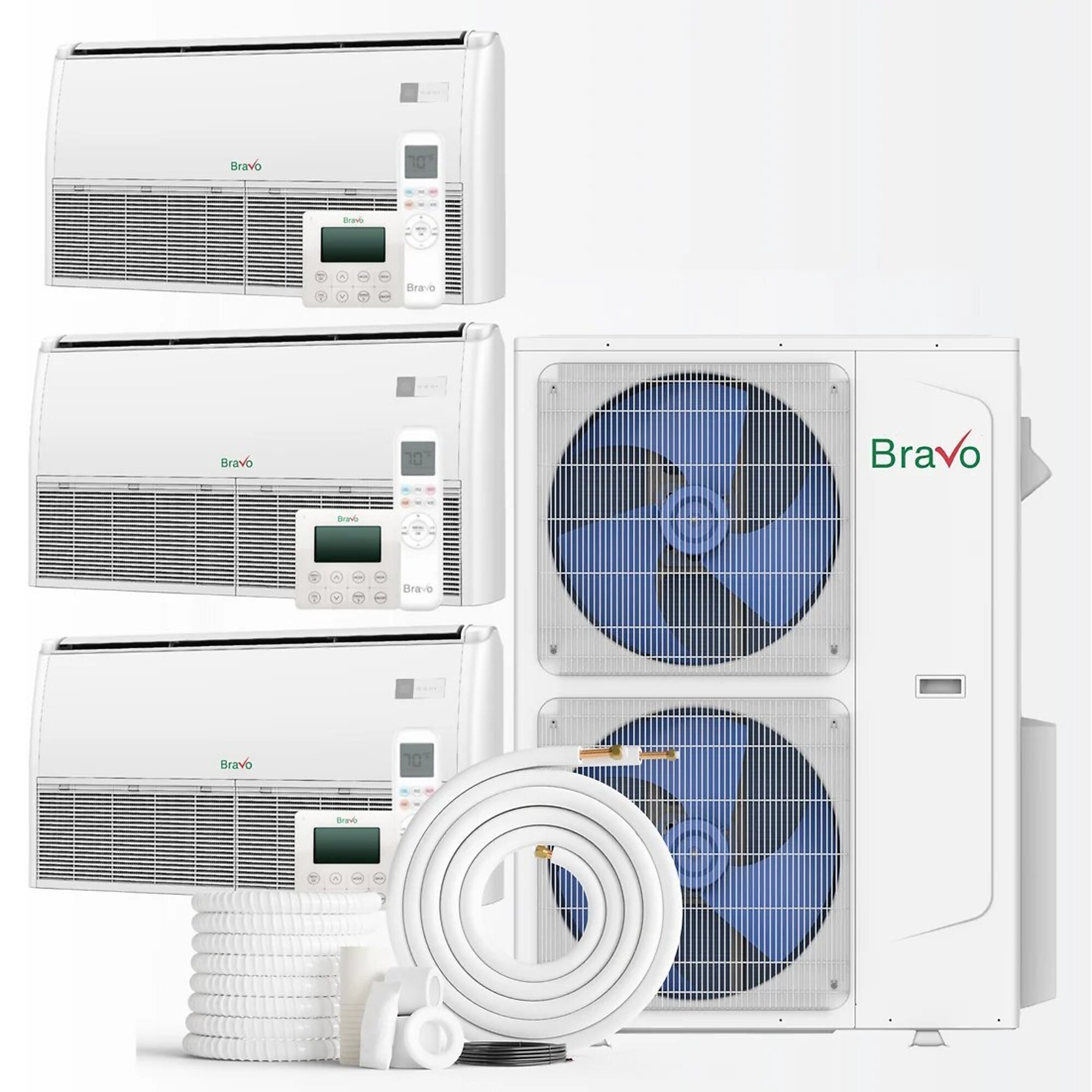 Bravo Milano Series 3-Zone Ductless Mini Split AC & Heat Pump -- 42000 BTU (3.5 Ton), Universal Floor Ceiling Units (9K+12K+12K) BTU, Inverter Technology, 230V, Heating & Cooling
